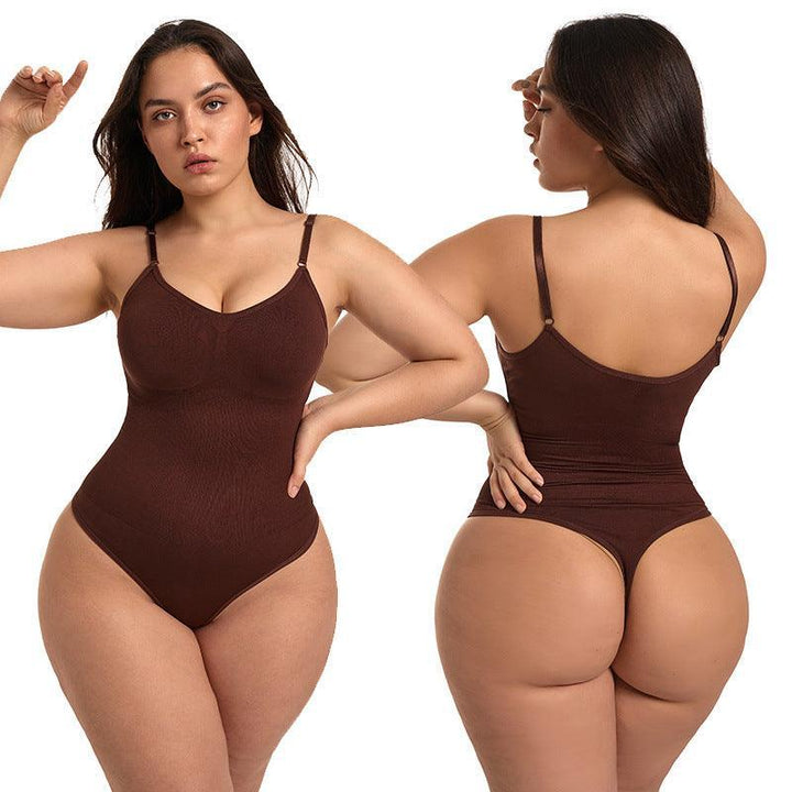 Body Shapewear Damen Bodysuit – Tanga-Design Saddlebrown Vorder und Rückansicht