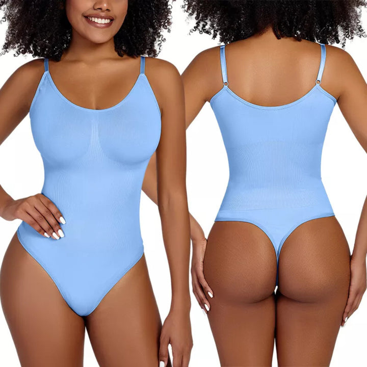 Body Shapewear Damen Bodysuit – Tanga-Design Cornflowerblue Vorder und Rückansicht