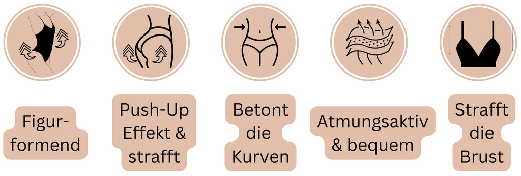 5 Vorteile: Figur formend, Push-Up-Effekt und strafft, Betont die Kurven, Atmungsaktiv und bequem, Strafft die Brust.