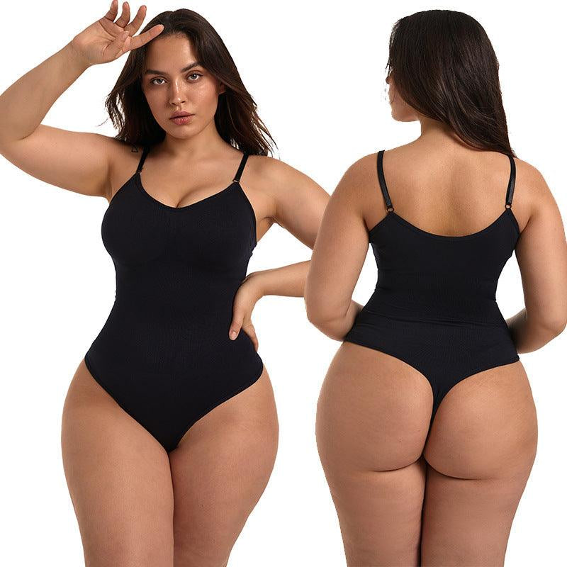 Body Shapewear Damen Bodysuit – Tanga-Design Schwarz Vorder und Rückansicht