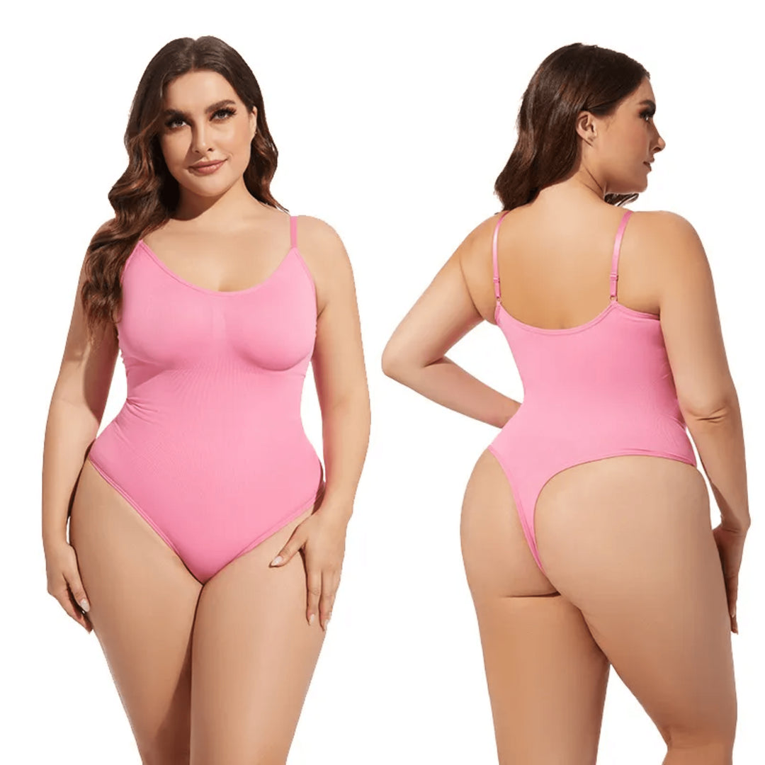 Body Shapewear Damen Bodysuit – Tanga-Design Pink Vorder und Rückansicht