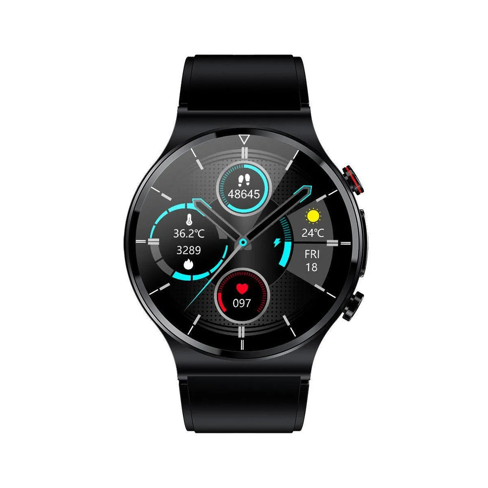 Casual Smartwatch mit Fitness-Tracker - Black Vorderansicht. Schrittzähler, Herzschlagmonitor, Wetter, Temperatur, Kalorienverbrauch.