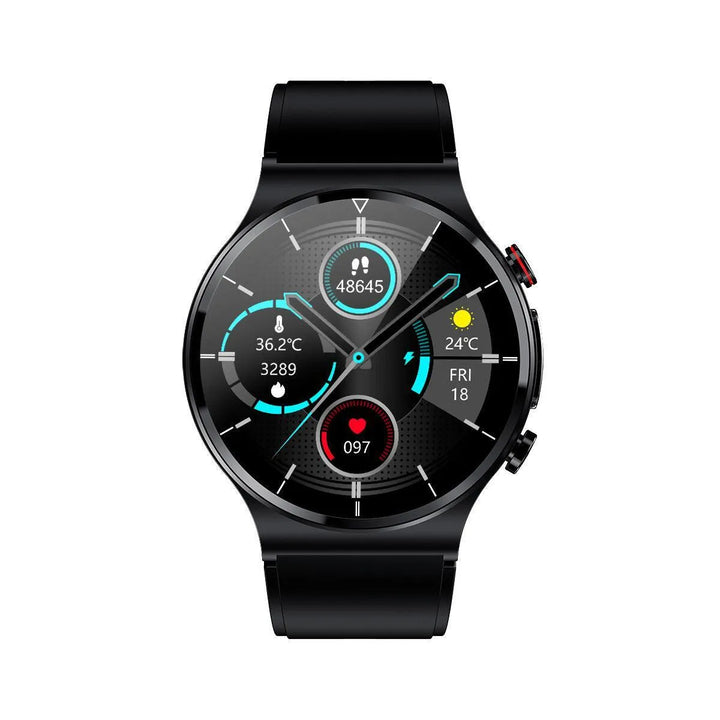 Casual Smartwatch mit Fitness-Tracker - Black Vorderansicht. Schrittzähler, Herzschlagmonitor, Wetter, Temperatur, Kalorienverbrauch.