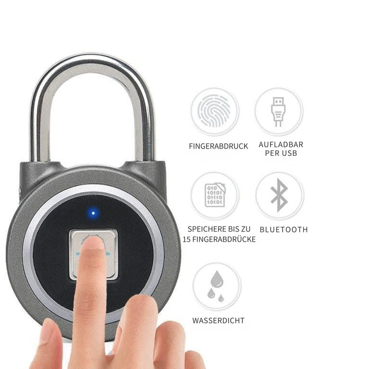 Fingerabdruck Schloss aus Edelstahl - Vorderansicht. Fingerabdruck, Aufladbar per USB. Speichere bis zu 15 Fingerabdrücke, Bluetooth, Wasserdicht.