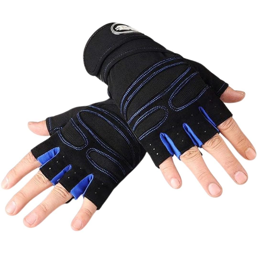 Fitness Handschuhe mit Handgelenkstütze –  Blue - Halbfinger-Design, problemlos Smartphones bedienen.