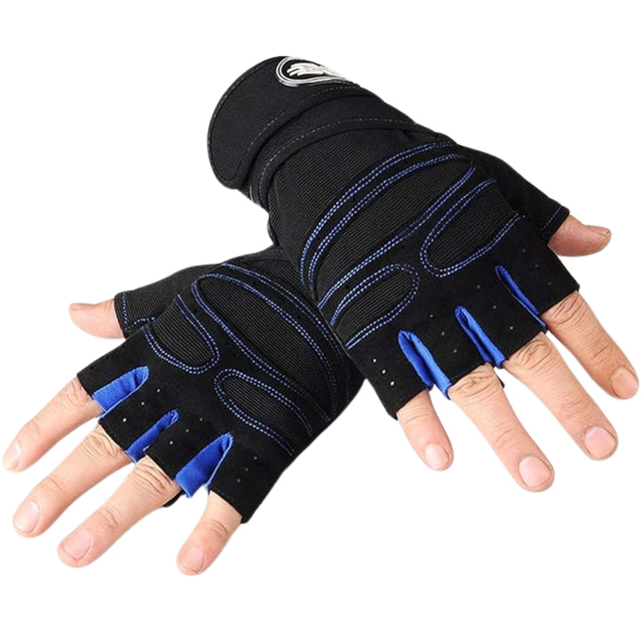 Fitness Handschuhe mit Handgelenkstütze –  Blue - Halbfinger-Design, problemlos Smartphones bedienen.