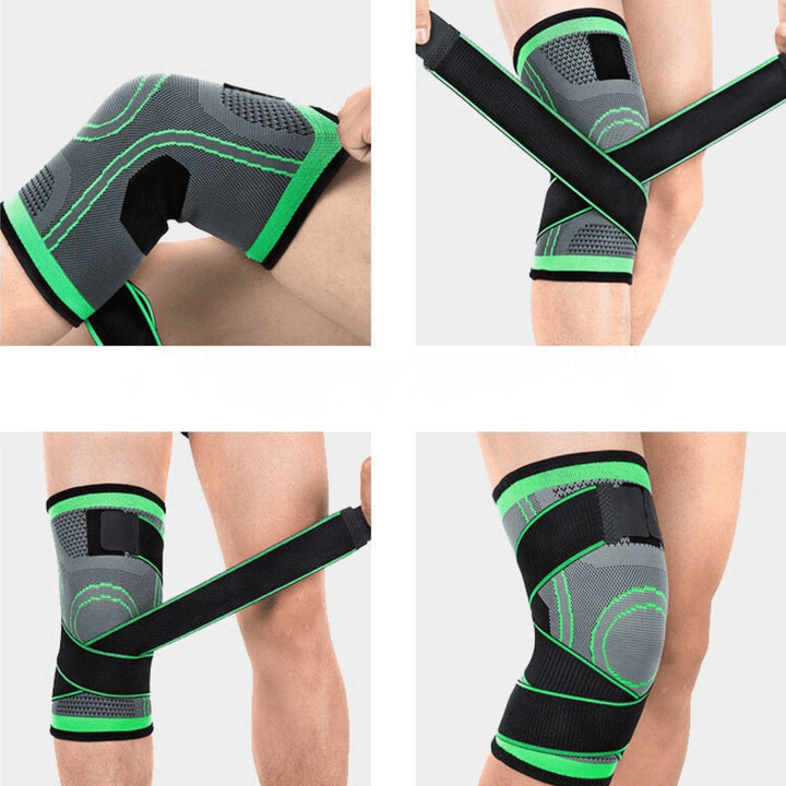 Kniebandage - Green Vorderansicht und Seitenansicht. X-Cross Band zur rundum Stabilisierung.