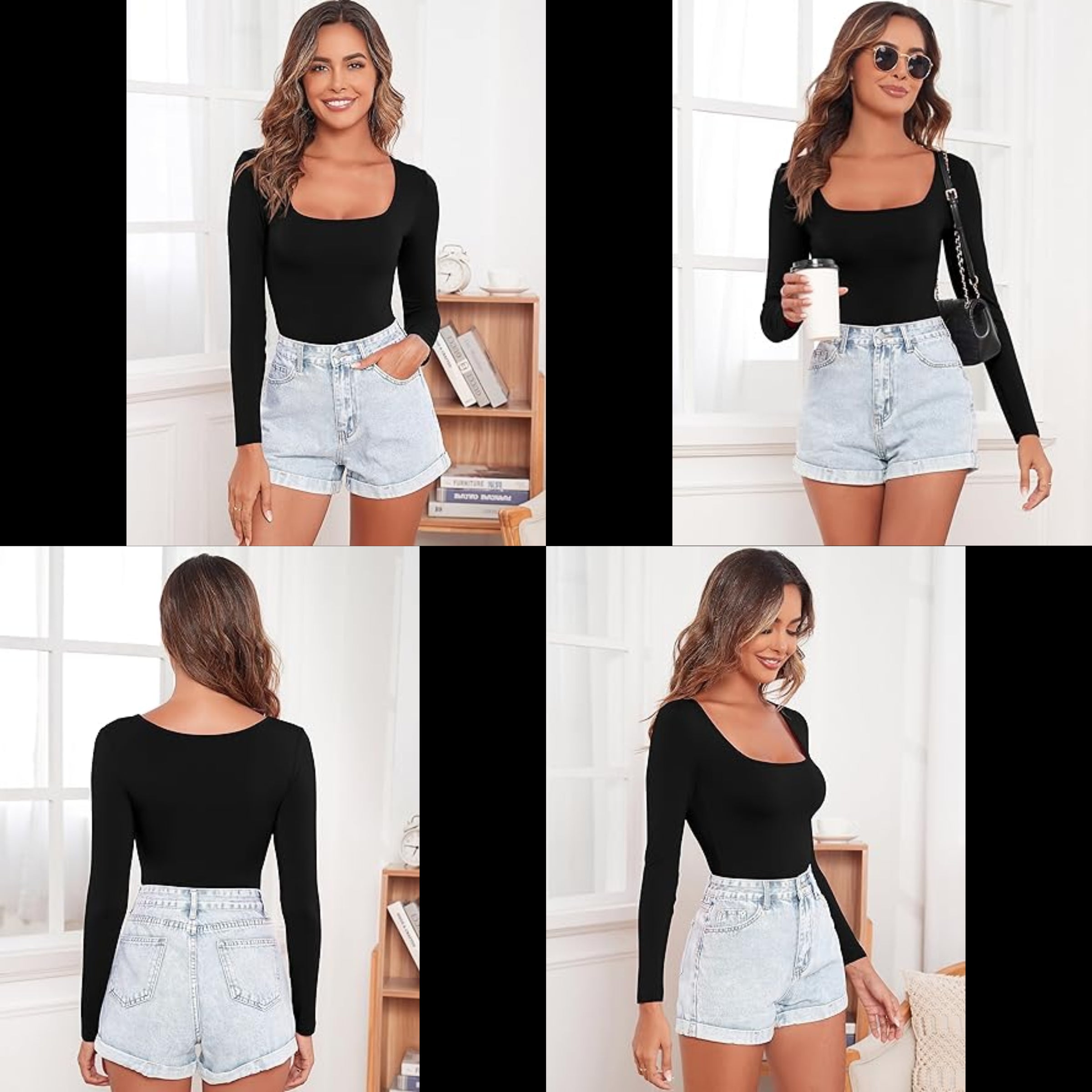Longsleeve Bodysuit Shapewear - Black Vorder und Rückansicht kombiniert mit kurzen Shorts