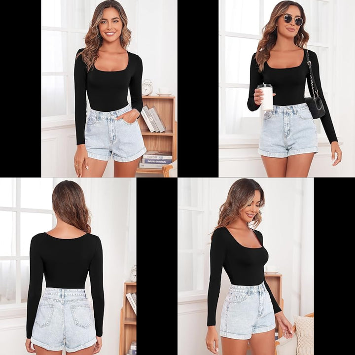 Longsleeve Bodysuit Shapewear - Black Vorder und Rückansicht kombiniert mit kurzen Shorts