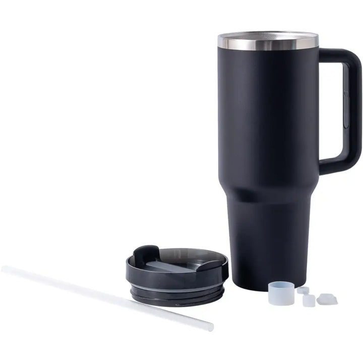 Thermoflasche - Edelstahl - Black Deckel und Strohhalm ausgebaut