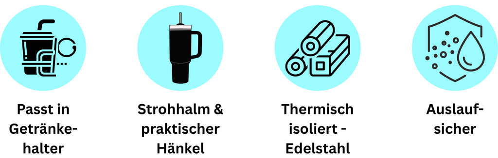 Thermoflasche - Edelstahl -Vorteile: passt in Getränkehalter, Strohhalm und praktischer Henkel, Thermisch isoliert aus Edelstahl, Auslaufsicher