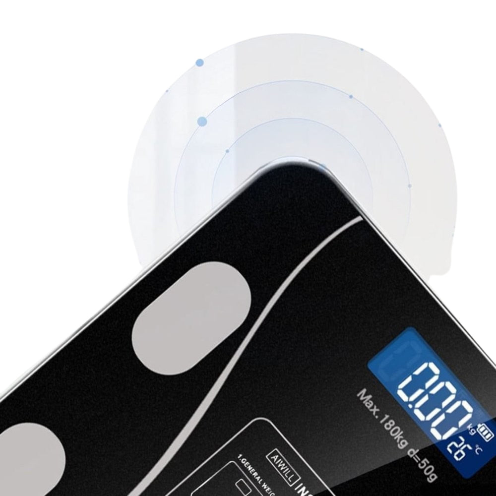 Waage mit App-Control – Gewicht, BMI, Körperfett - Close-Up Vorderansicht und Display