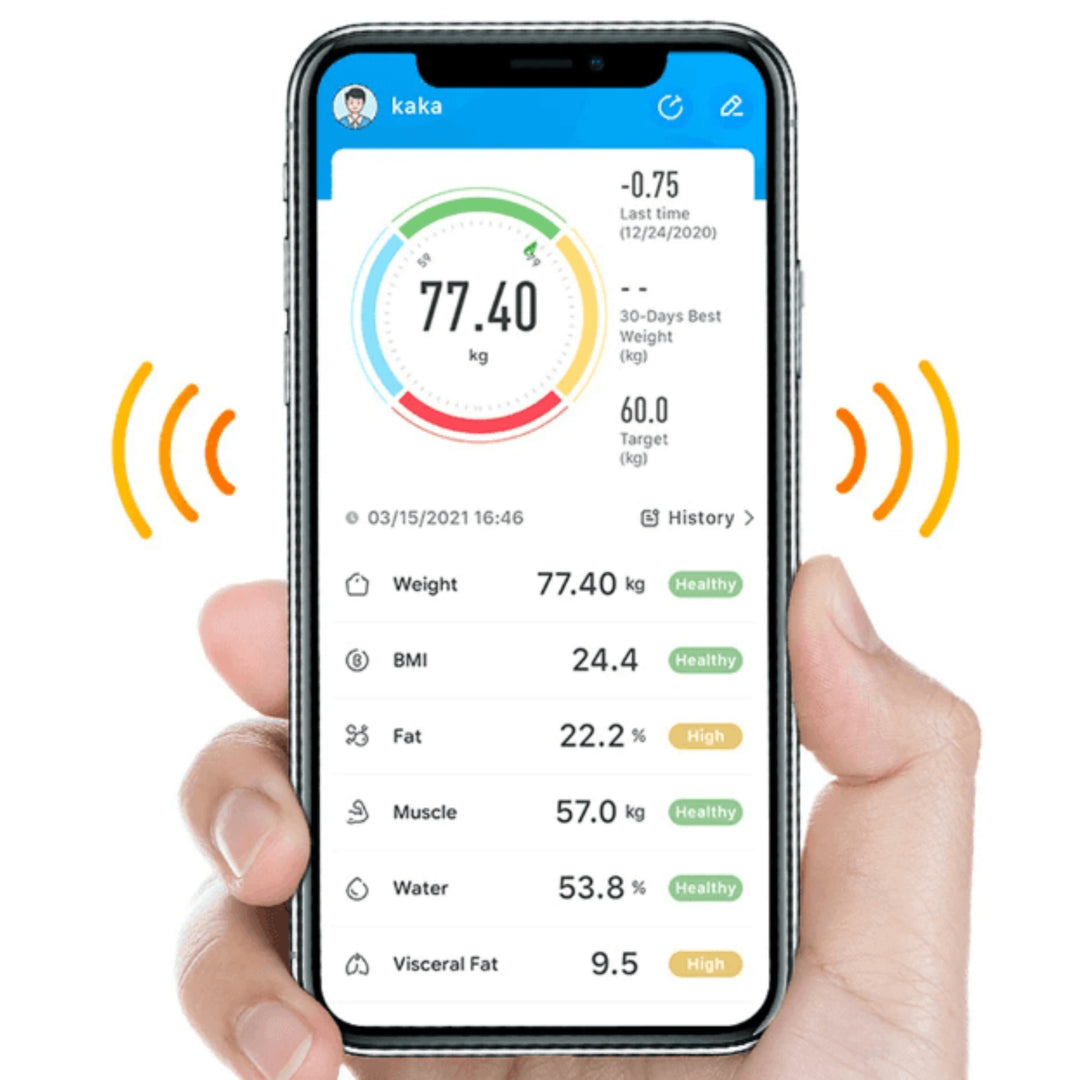 Waage mit App-Control – Gewicht, BMI, Körperfett - OKOK App, Daten analysieren, fortschritte festhalten und Trainingspläne.