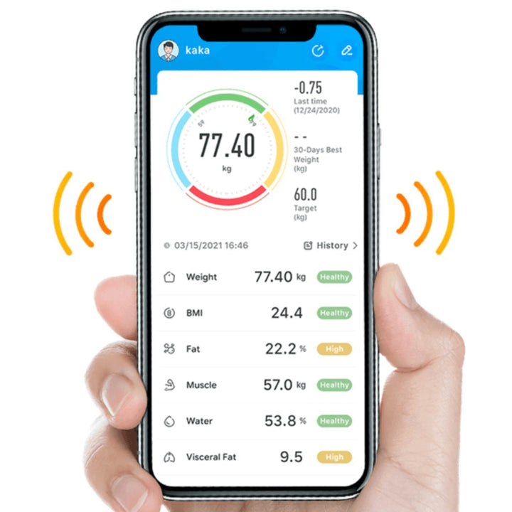 Waage mit App-Control – Gewicht, BMI, Körperfett - OKOK App, Daten analysieren, fortschritte festhalten und Trainingspläne.